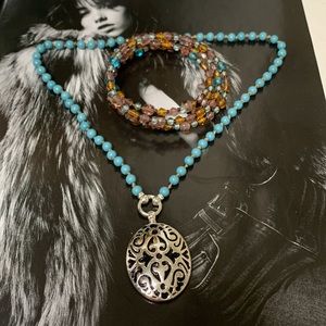 Teal blue stone beads silver pendant deco & bracelet combo
